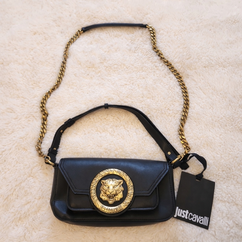 NWT Just Cavalli Black Tiger Head Plaque Convertible Crossbody Clutch Gold Chain